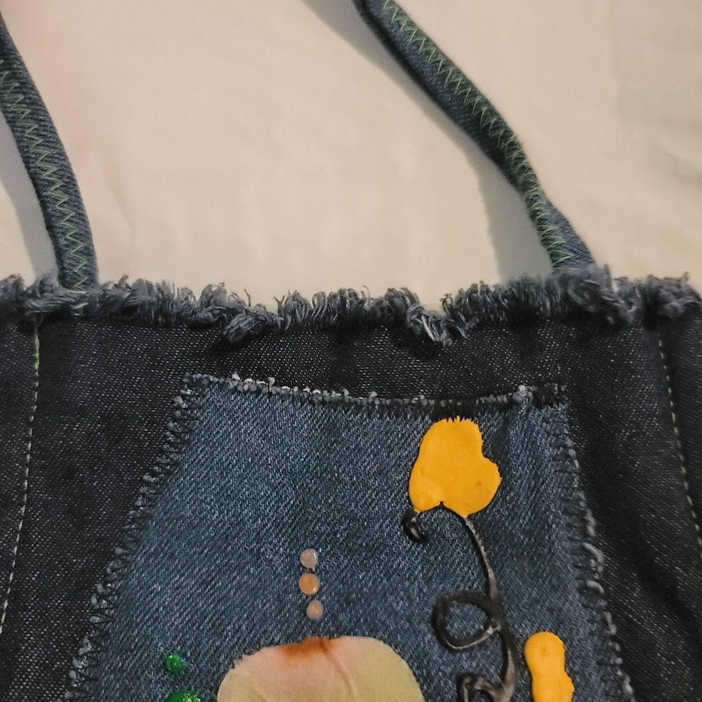 Denim Beach bag flower floral small bag hand crafted - Picture 4 of 6